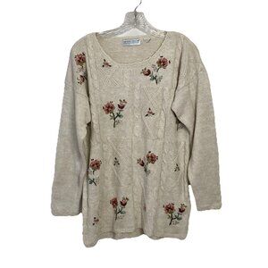 Vintage CAROLYN TAYLOR Woman Embroidered Floral Sweater Sz L Granny Cottagecore